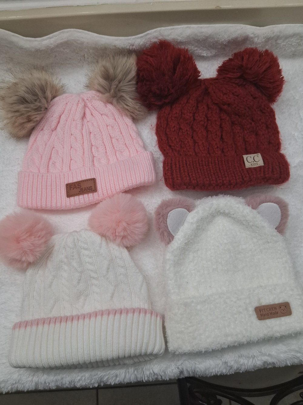Cozy Pom-Pom Knit Beanie Set – Pink, Burgundy, White, Cream